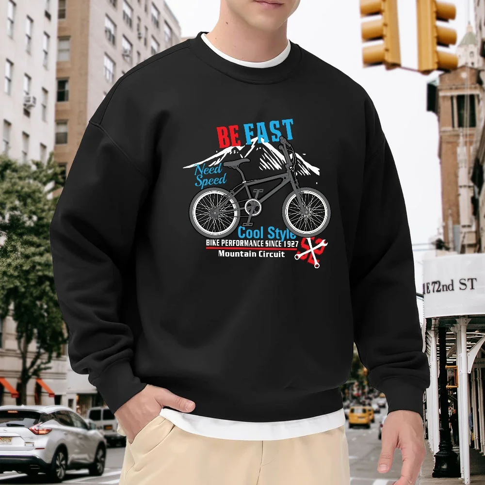 

Men's Black Crew Neck Pullover Sweatshirt with Bicycle Pattern Letter Print Casual Top, Street Fashion Loose Fit, Versatile and Comfortable for Everyday Wear and Sports