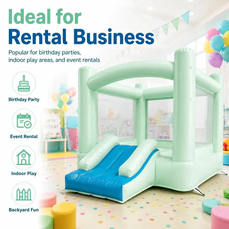 Mint Green Portable Commercial PVC Inflatable Jumping Castle Bounce House with Slide for Kids Indoor Outdoor Party Rental