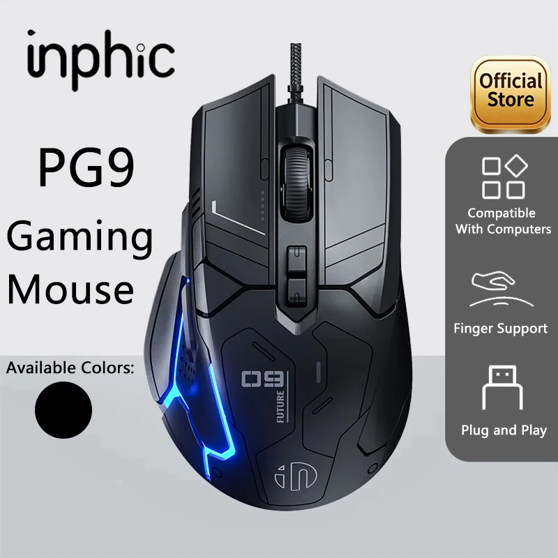 Mouse para jogos com fio Inphic PG9 6 botões 75g design leve confortável de usar para e-sports efeito de iluminação RGB 12800DPI