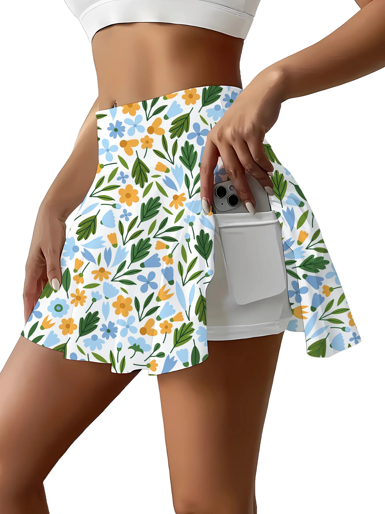 กระโปรงมินิเอวสูงพิมพ์ลายสีขาวสําหรับเด็กผู้หญิงพร้อมกางเกงขาสั้นในตัวกระโปรงกระเป๋ายางยืดลําลองสไตล์โบฮีเมียน