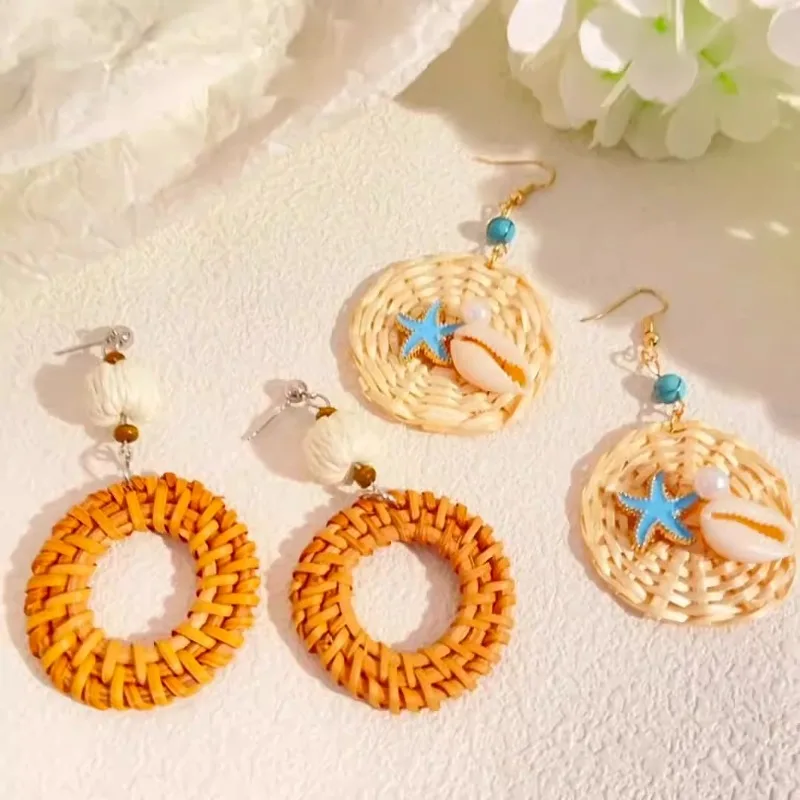 Summer New Geometric Round Rattan Earrings Bohemian Vacation Style Women's Jewelry