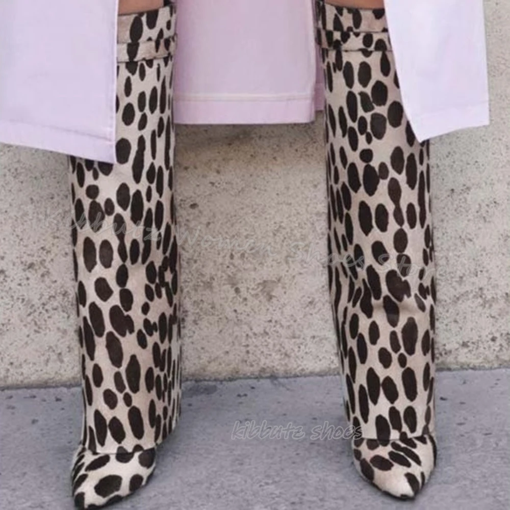 Leopard Knee High Boots Metal Decor Turned-Over Edge Slip-On Fashion Elegant Sexy Luxury Shoes Pointy Thin Heels Mixed Color New