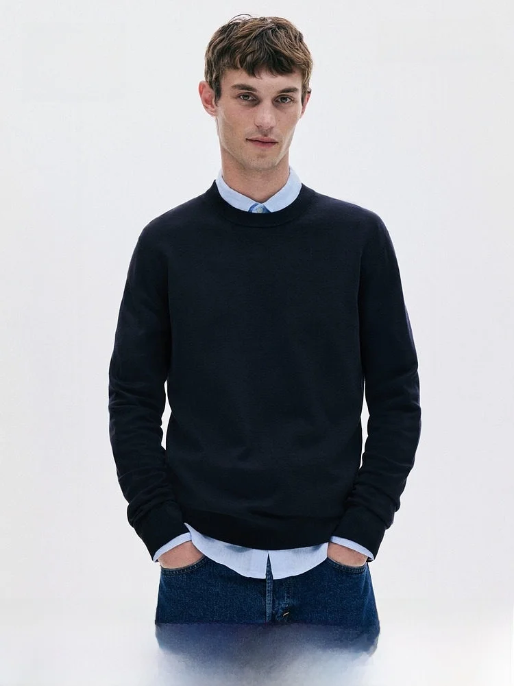 

H&M Men's Knitted Shirt Close-Fitting Dense Knit Base Shirt Straight Cut Casual Style Long Sleeve round Neck Color