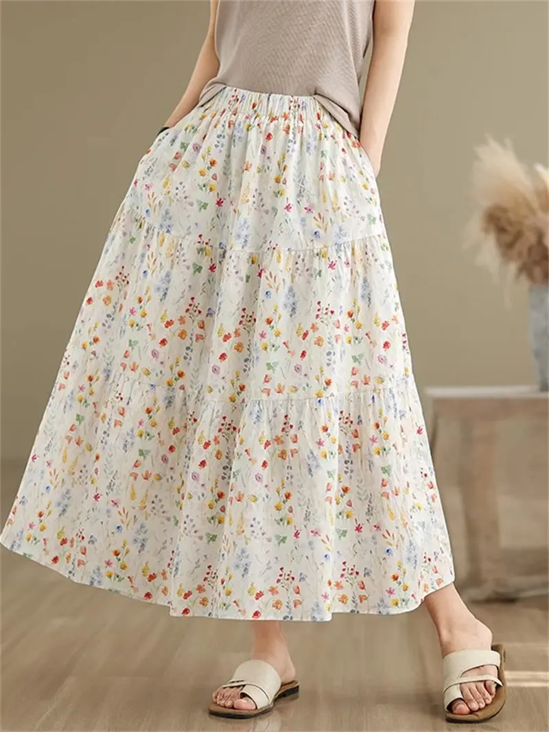 Korean Style Floral A-Line Skirt 2025 Summer Collection High Waist Slim Fit Midi Skirt with Pockets Soft Aesthetic Design G327