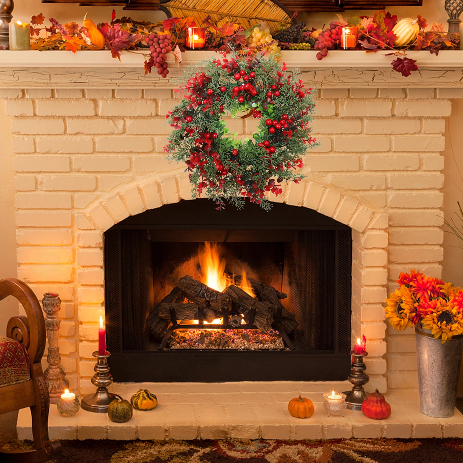 

Wreath Decor Charming Christmas Ornament Wreath With Red Eucalyptus Berries Perfect For Front Door Fireplace Mantle Window Decor