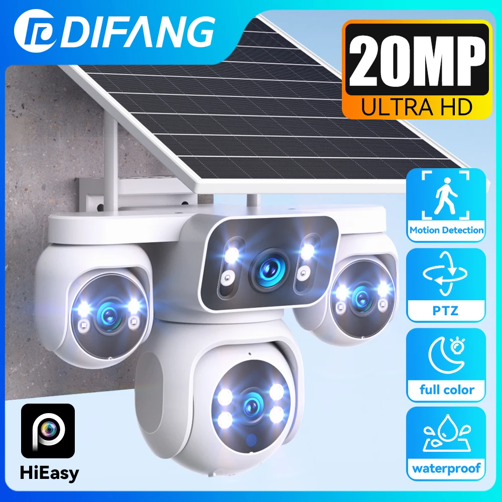 

DIFANG 20MP Four Screens 4G Solar Cam 16X Zoom AOV 24/7 Record Solar Surveillance 10K 4G Sim Card Wireless Solar CCTV Security