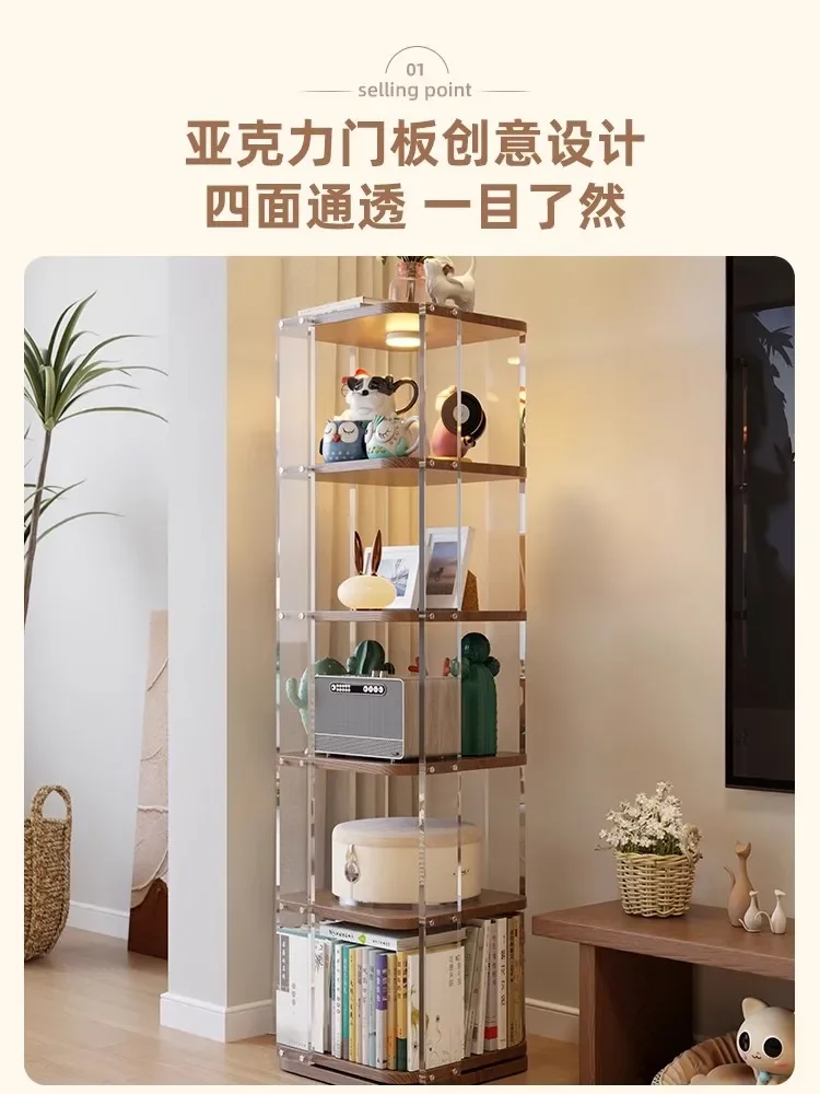 Acrylic rotating bookshelf 360 degree living room display cabinet floor rack TV cabinet next to solid wood bookcase