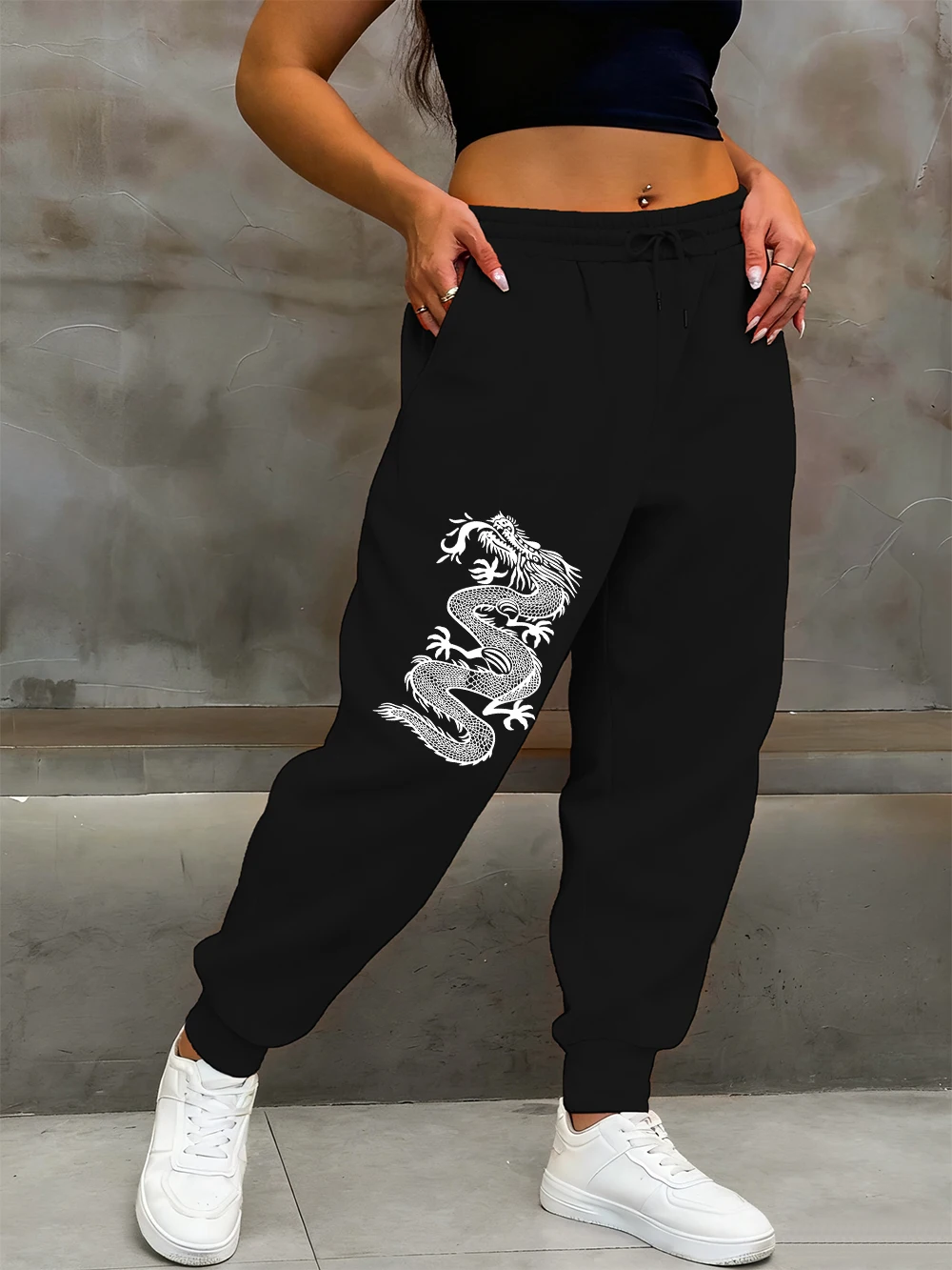 Pantalon de survêtement imprimé Dragon chinois pour femme, décontracté, polaire, chaud, taille élastique, poche, survêtement, vêtements amples, automne