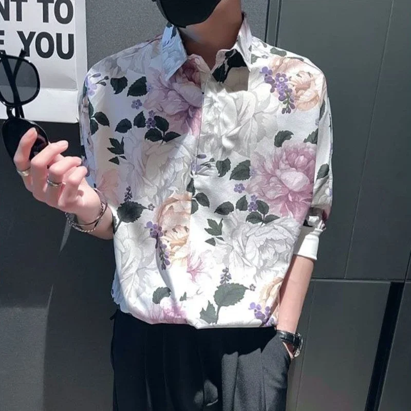 

Shirts for Men Floral Print Half Sleeve White Vintage with Collar High Quality Luxury Original Fashion 2025 Aesthetic Man Shirt