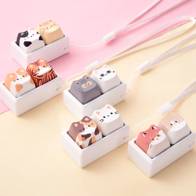 2pcs cartoon creative keycaps, cat buttons, pinching and decompression keychains, small pendant decorations