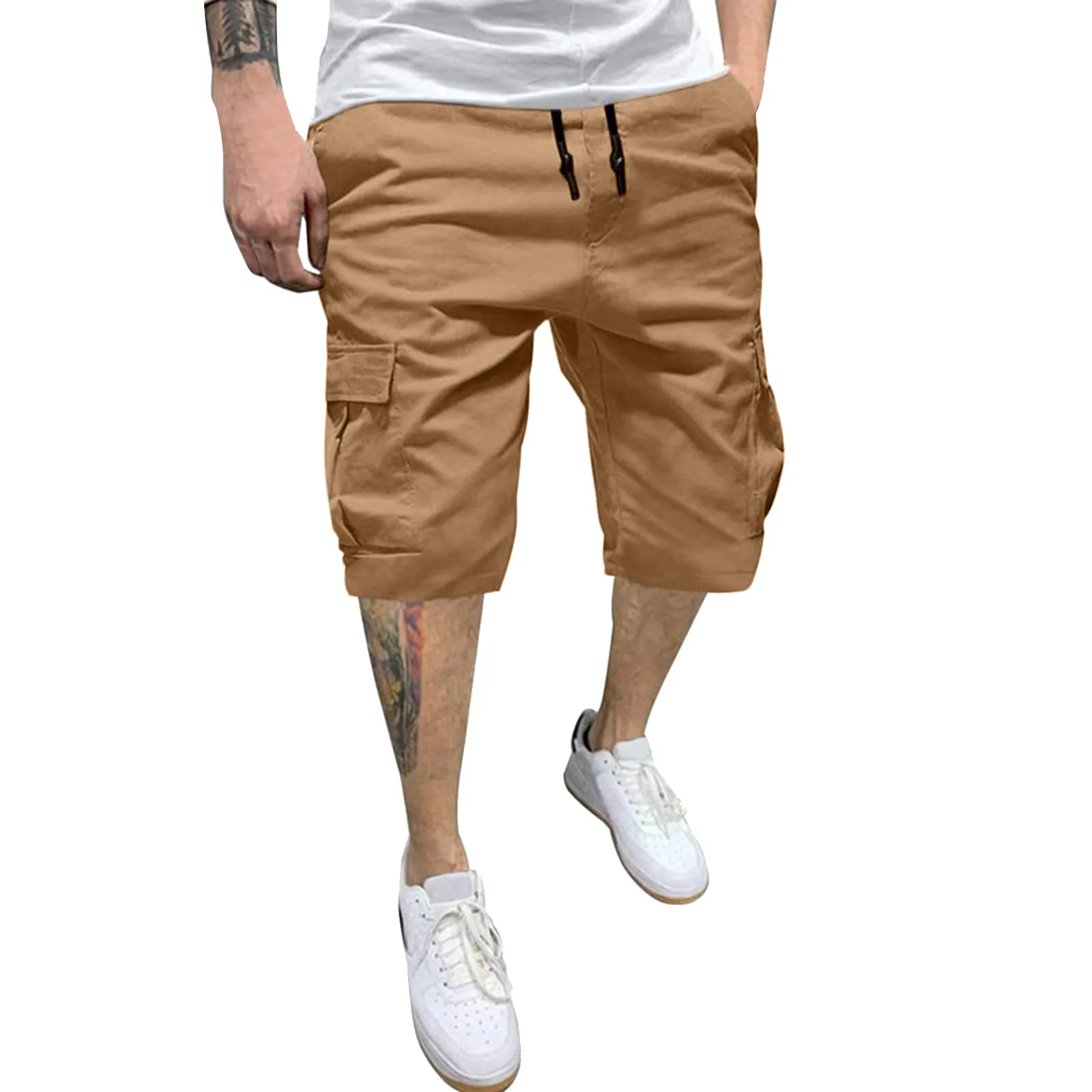 Men's Multi-Pockets Cargo Shorts Summer Fashion Solid Color Loose Casual Shorts Elastic High Waist Drawstring Bottoms Plus Size