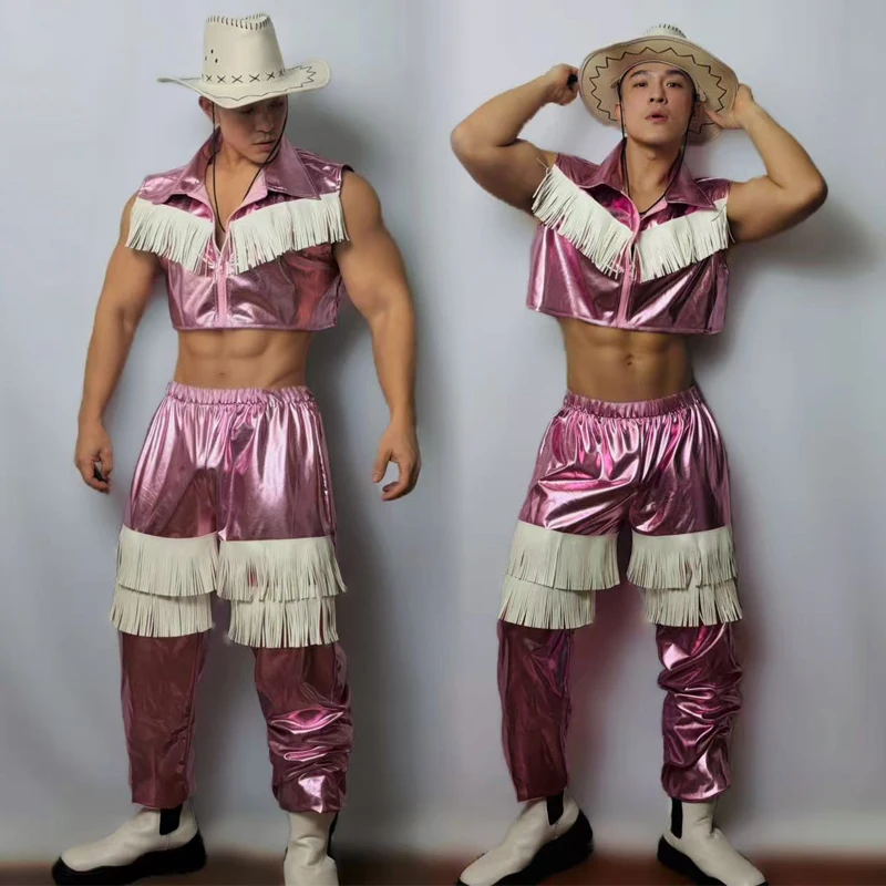 مثير القطب ملابس الرقص الرجال جوجو زي الوردي الليزر مهدب السراويل ملهى ليلي DJ ملابس للحفلات المرحلة الهذيان الزي XS10698 #1