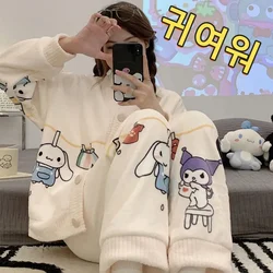 Sanrio Kuromi Flannel Pajamas Set For Women Winter Thick Plush Coral Velvet Casual Home Wear Kawaii Sleepwear Y2k Pyjama