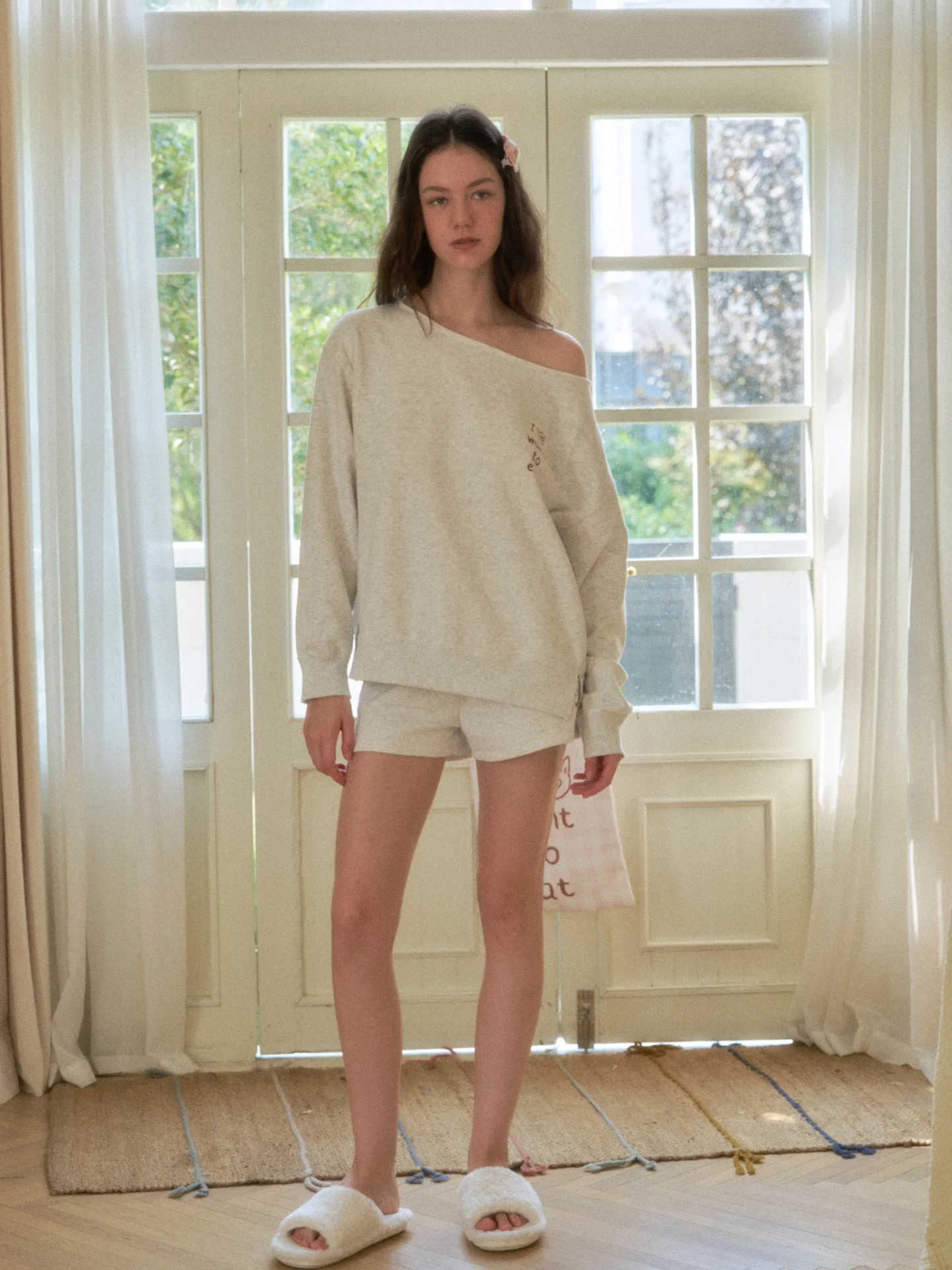 Muabomb Spring Summer New Style Long Sleeve Shoulder Slanting Sweatshirt Home Clothes Set Women's Lazy Outfit Pajamas Suitabl...