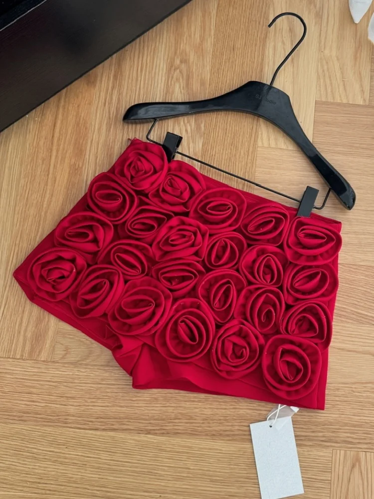 

New Autumn Small Fragrance Style Three-Dimensional Rose Flower Short Women's Elegant Temperament Runway Shorts