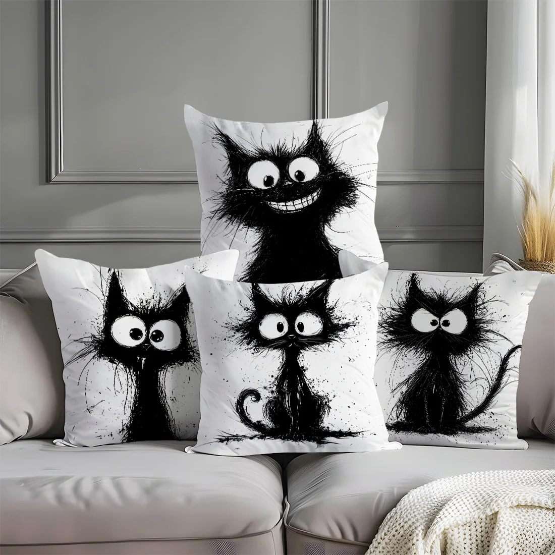 4-Pack, Abstract Cartoon Black Cat Hand-Drawn Pillow Covers,  Zippered Cushion Cases for Living Room Sofa Bedroom Decor