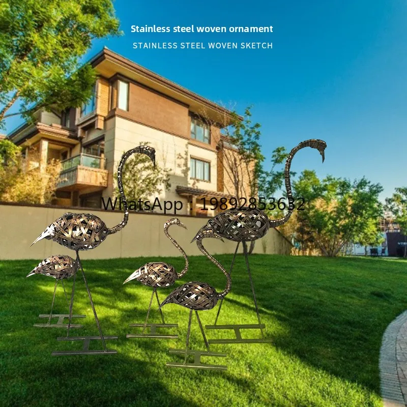 LYY Stainless Steel Woven Flamingo Sculpture Abstract Shape Ornament Park Tourist Attraction Animal Artwork
