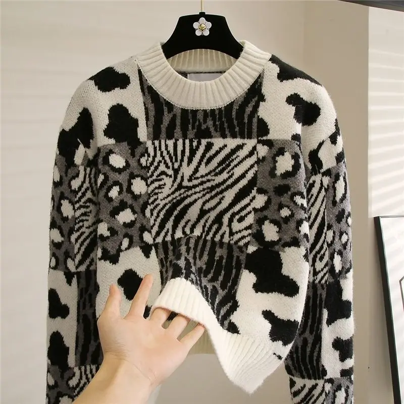 Women\'s Crew Neck Leopard Printed Sweater Pullover 2023 Autumn and Winter New Loose Fashion Vintage Long Sleeve Thick Knit Tops