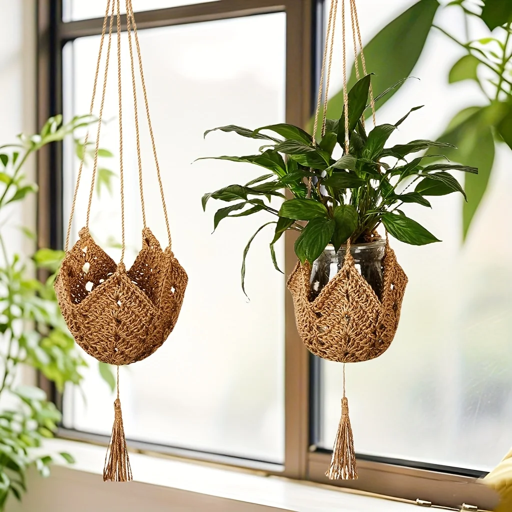 Boho Macrame Jute Hanging Planter | 1pc Long Plant Hanger for 3-12 Inch Pots, Indoor Outdoor Flower Basket