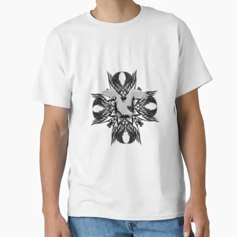 Red Crowned Crane Pattern Black Classic T Shi Shirt Made in US AUS Size S 2XL