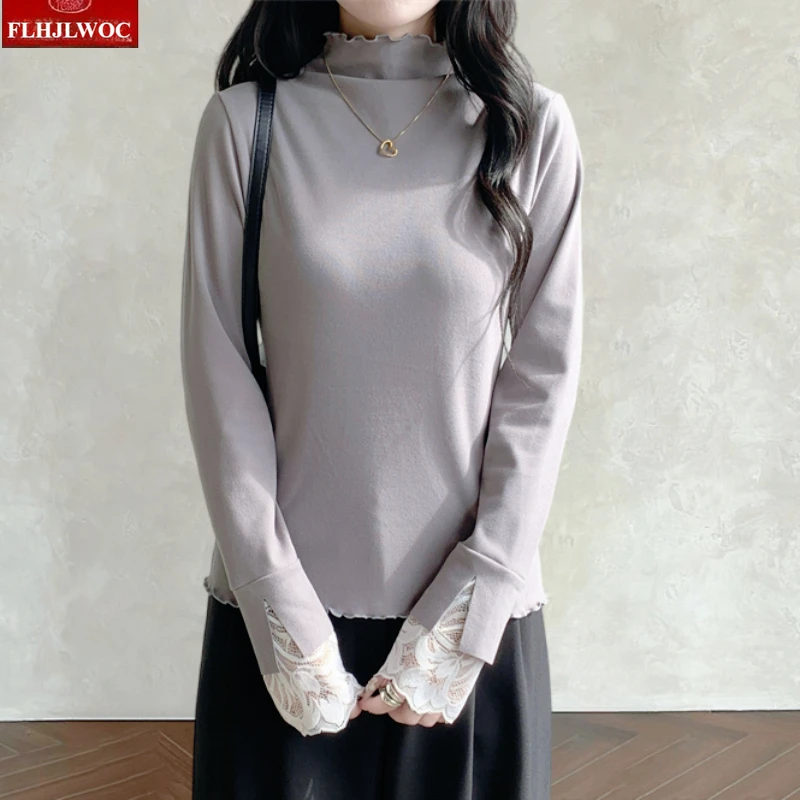 Mezza dolcevita Tees Top bianchi New Fashion Donna Manica lunga Casual Patchwork Pizzo bianco Solido Ragazze carine Corea Nozioni di base T-shirt