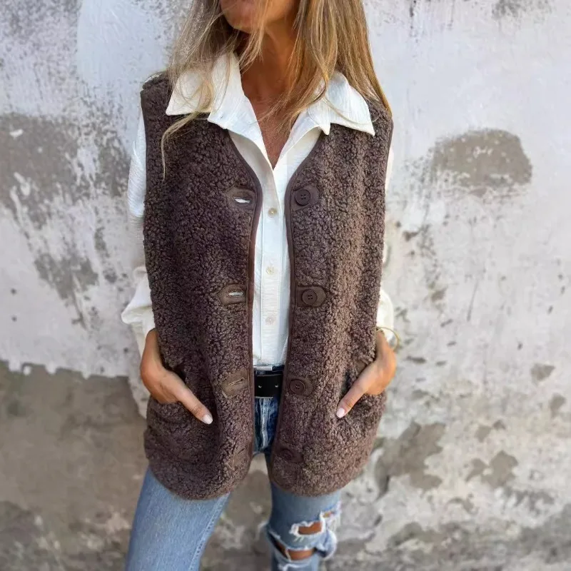 

Solid Color V-neck Pocket Button Sleeveless Polar Fleece Vest Womens Fuzzy Jacket Fall Winter Casual Warm Button Down Sherpa