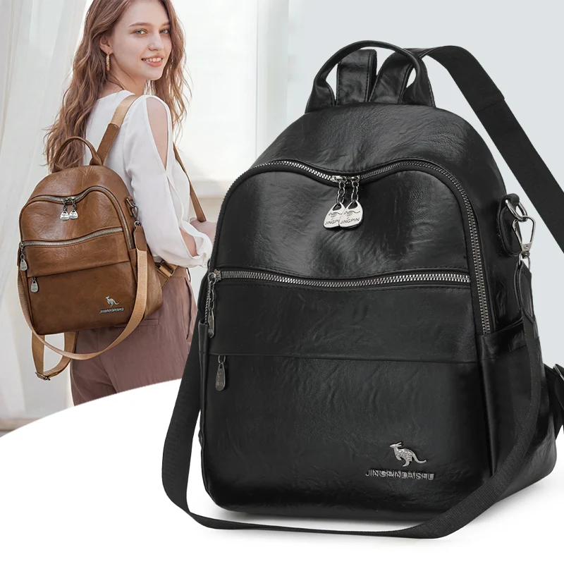New Fashion Solid Color Leather Backpack Women Large Capacity School Bag with Front Pockets Ladies Daily Commuter Travel Handbag