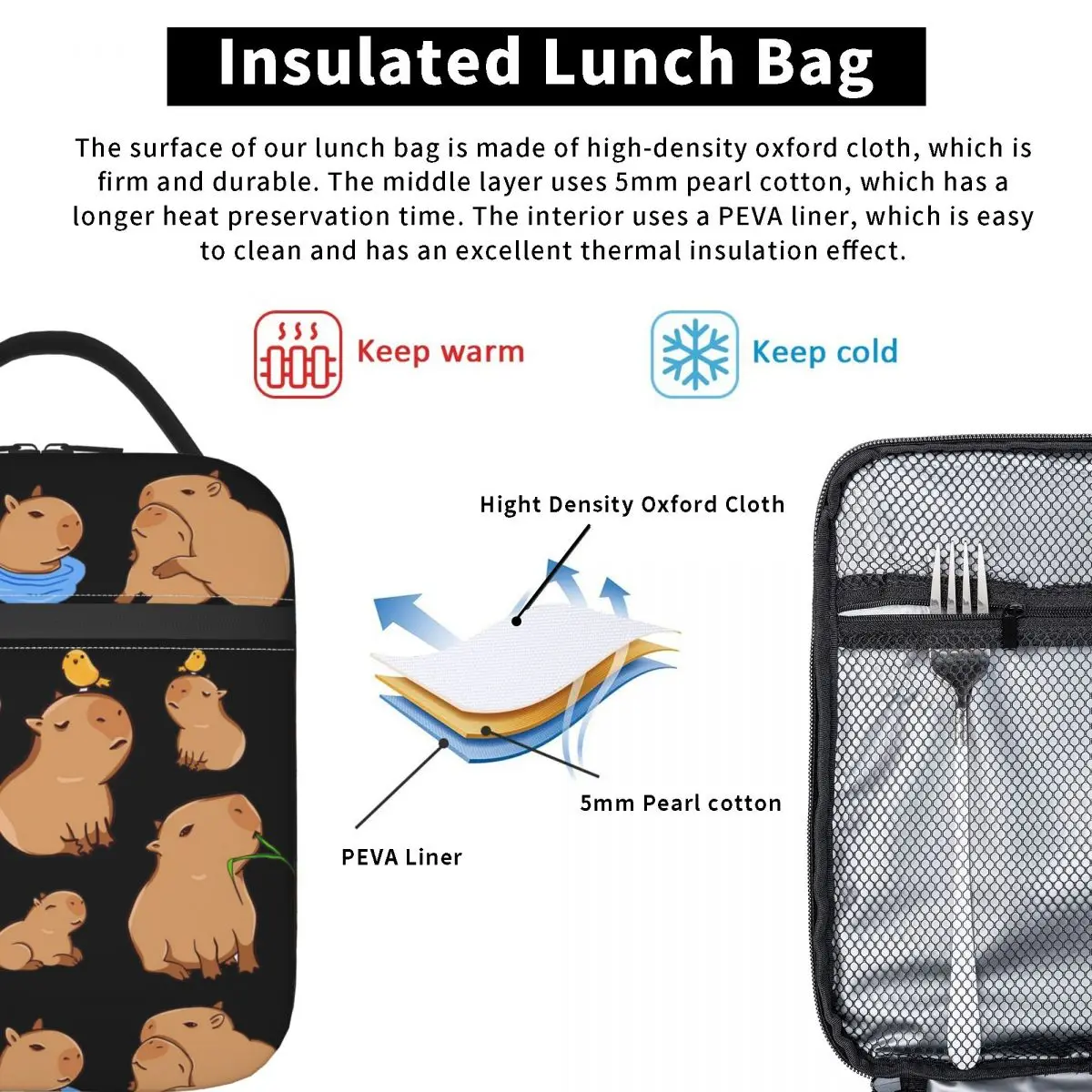 Capybara Pattern Insulated Lunch Bag for Women Kids Portable Food Boxes Thermal Lunch Box Tote
