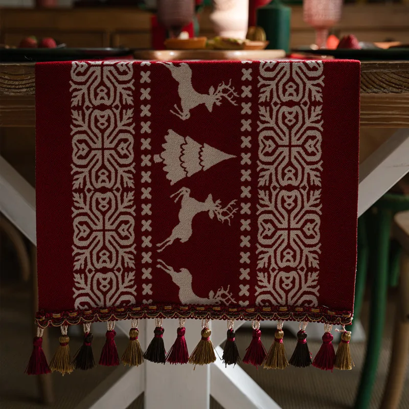 Christmas Table Runner Polyester Yarn-Dyed Jacquard Table Decoration Cover Cloth Tassel Santa Claus New Year\'s Decor Table Cloth