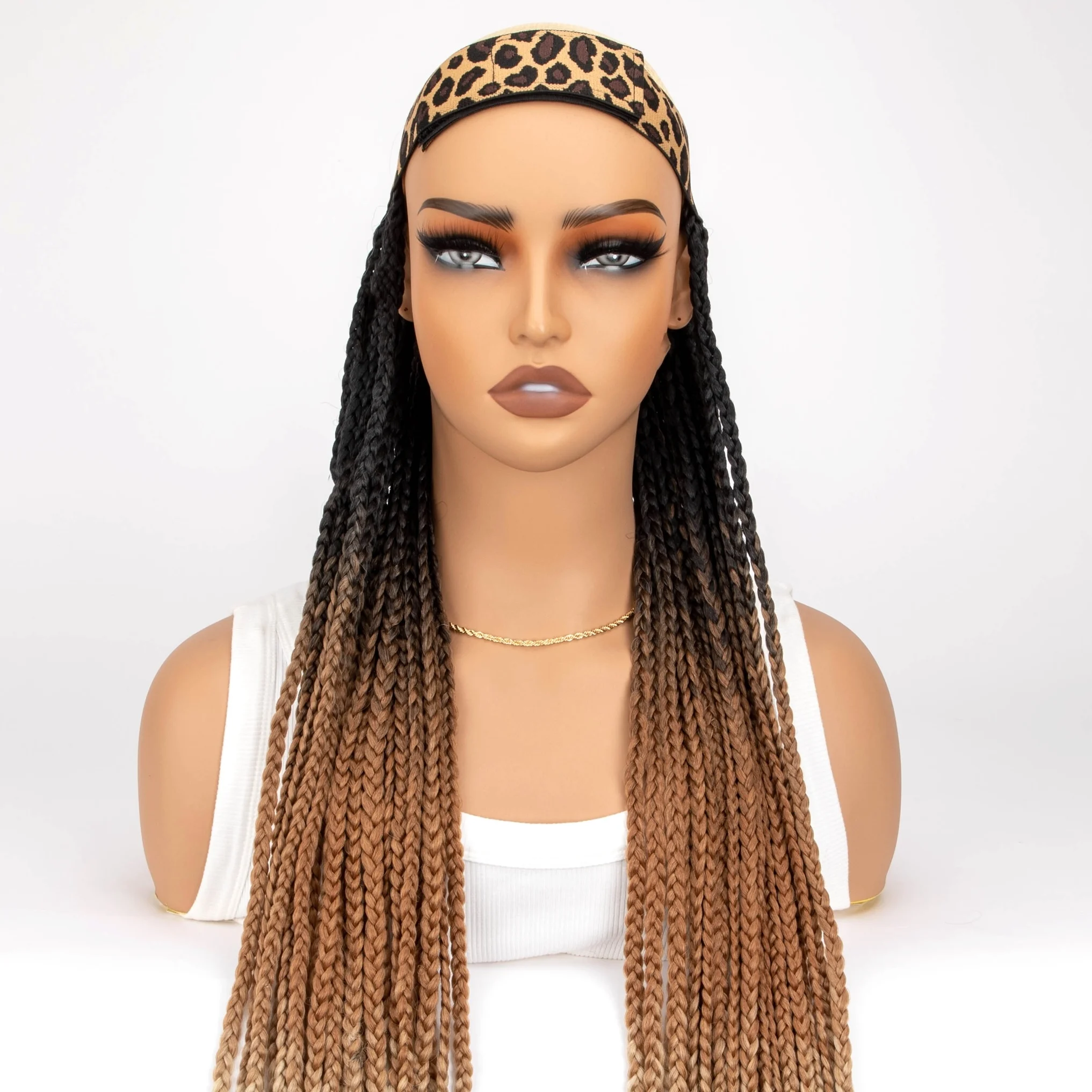 WIGERA Long 24‘ Ombre Black Dark Brown Honey Brown Braided Synthetic Wig With Headband Turban Braiding Hair Extensions For Women