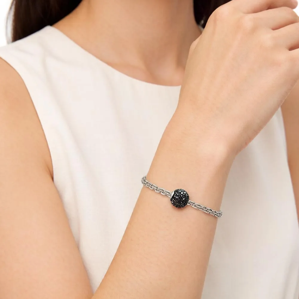 Black Crystal Zircon Stone Micro Pave Ball Charm Bead For Women DIY Europe Fashion Jewelry Making 925 Silver Sterling