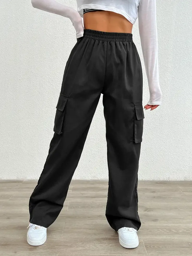 女性用ワイドレッグカーゴパンツ,快適なフラップポケット,伸縮性のあるウエストバンド,ゆったりとしたフィット感,通気性のある生地,カジュアルウェア
