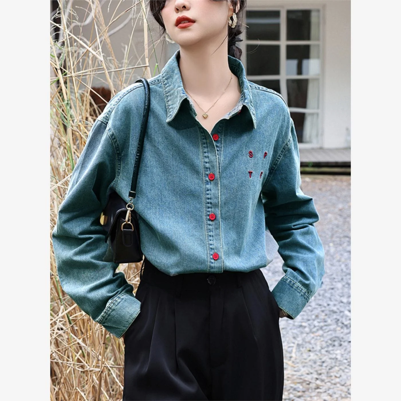 

Spring Street Sle Blue Long Sve Letter Embroidery Single Button Denim irt Base Layer Top Simple Design Collar