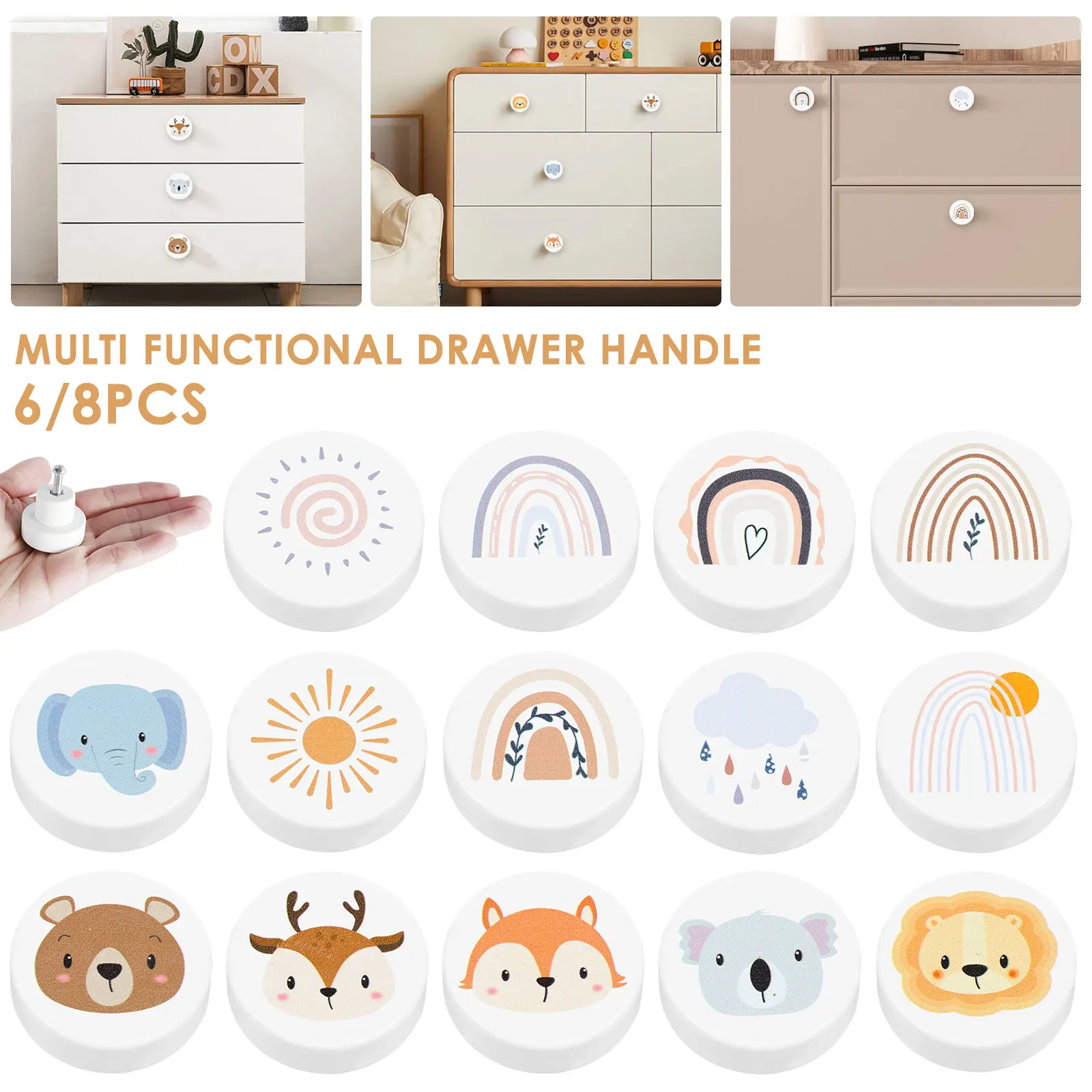 8/6Pcs Drawer Knobs Wooden Dresser Pull Handle with Screws Cute Creative Cabinets Knobs 3.5cm Decorative Round Wardrobe Door