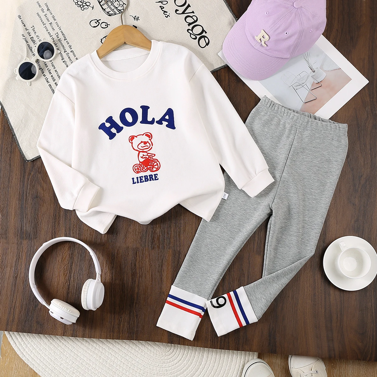 

Новый женский детский повседневный хлопковый комплект мягкой одежды, весенне-осенняя модная футболка, комплект из двух предметов для девочек