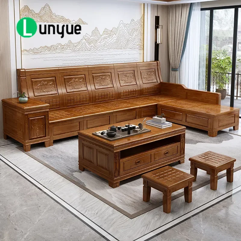 Fragrant Camphor Wood Solid Sofa Set New Chinese Style Modern Simple Carved Storage Corner Couch for Small Apartment Living