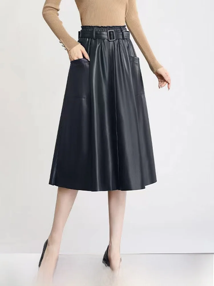 

Ning Юбка из натуральной кожи Женская юбка-миди средней длины трапециевидной формы с высокой талией и эластичной резинкой на талии из овчины для поездок на работу Sle