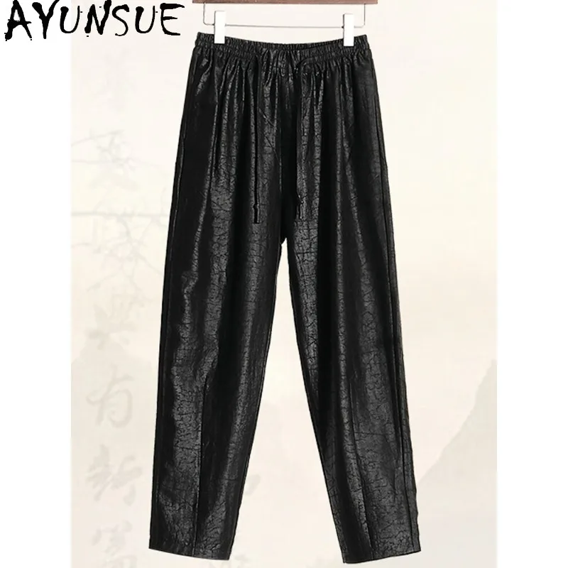 

AYUNSUE 2026 Luxury Watered Gauze Pants for Man 100% Real Mulberry Silk Pants Men Clothing Casual Trousers Lace-up Black Pants