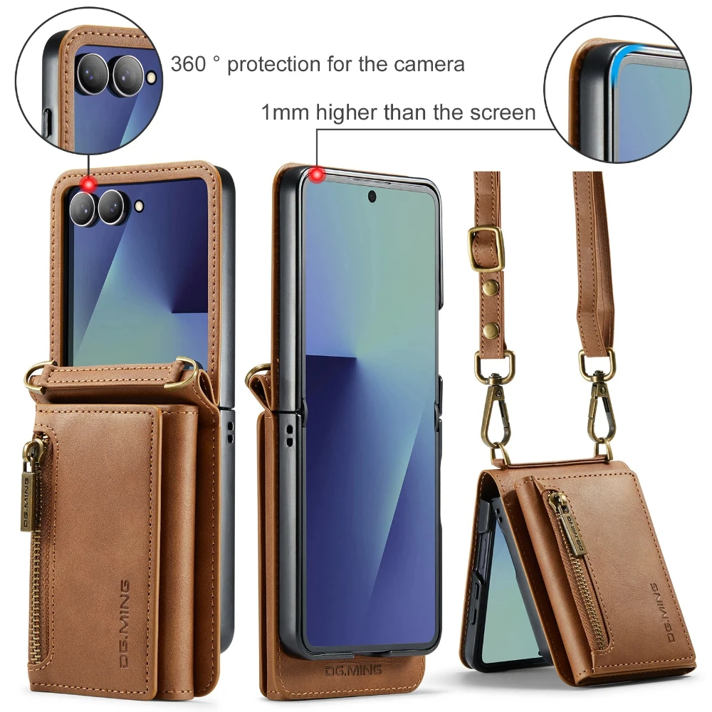 

Чехол через плечо для телефона Samsung Galaxy Z Flip 7 Flip6 5 4 3, длинный ремешок с блокировкой RFID, слот для карты, кожаный чехол-подставка для кошелька