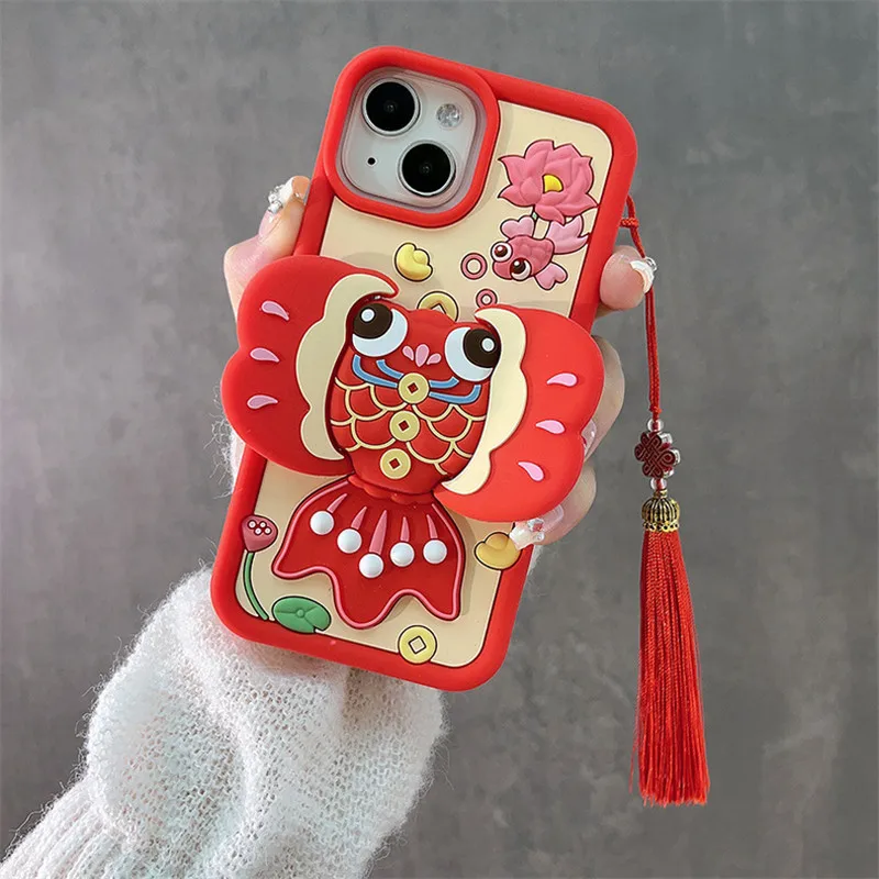 Lucky Red koi fish 3D Case For iphone 15 13 12 14 Pro Max i11 13PM 14PM 15PM kid Fold bracket Soft Silicone Phone Cover +Lanyard