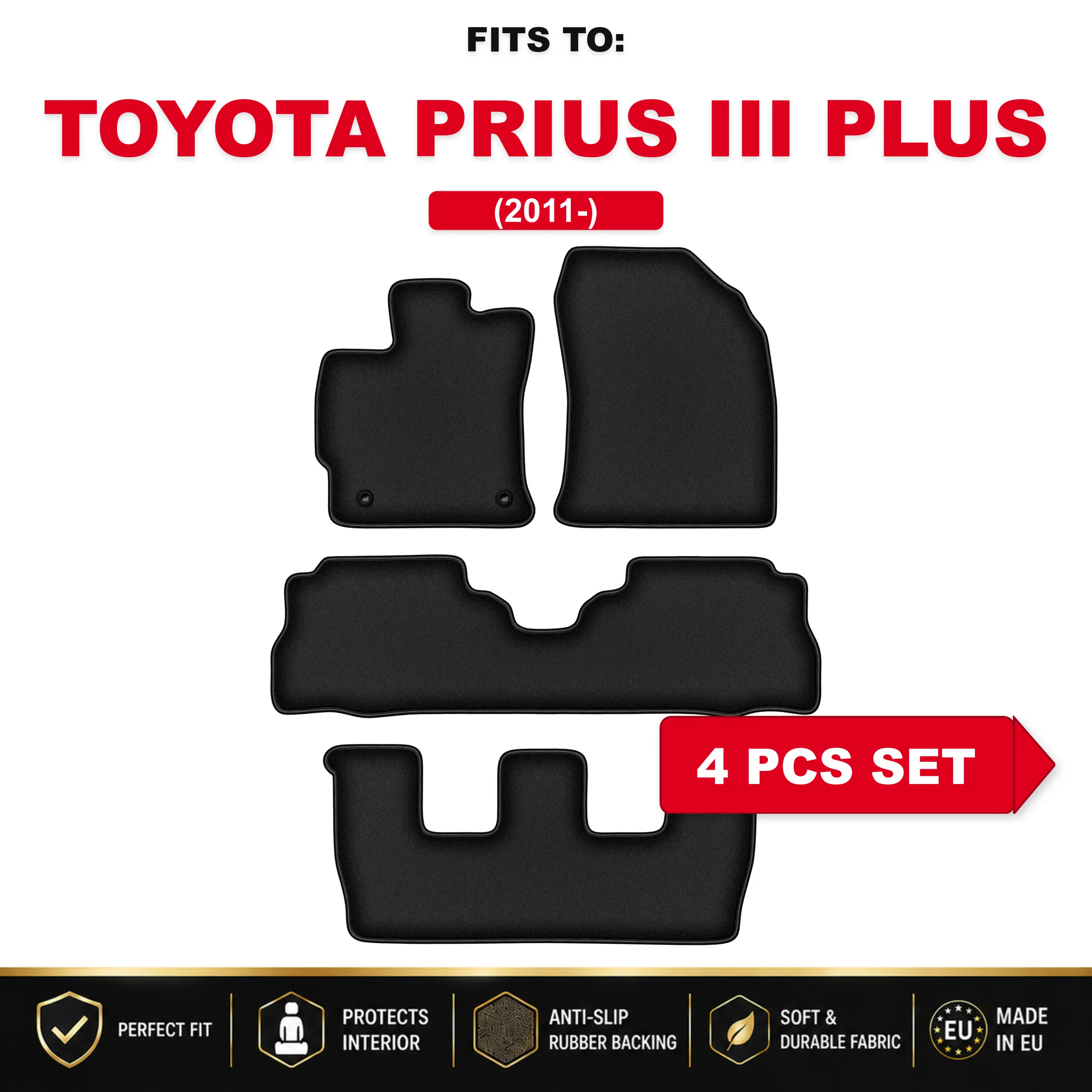 Zwarte velours vloermatten, 4 stuks Voor: Toyota Prius III Plus 2011-7-zits automatenset