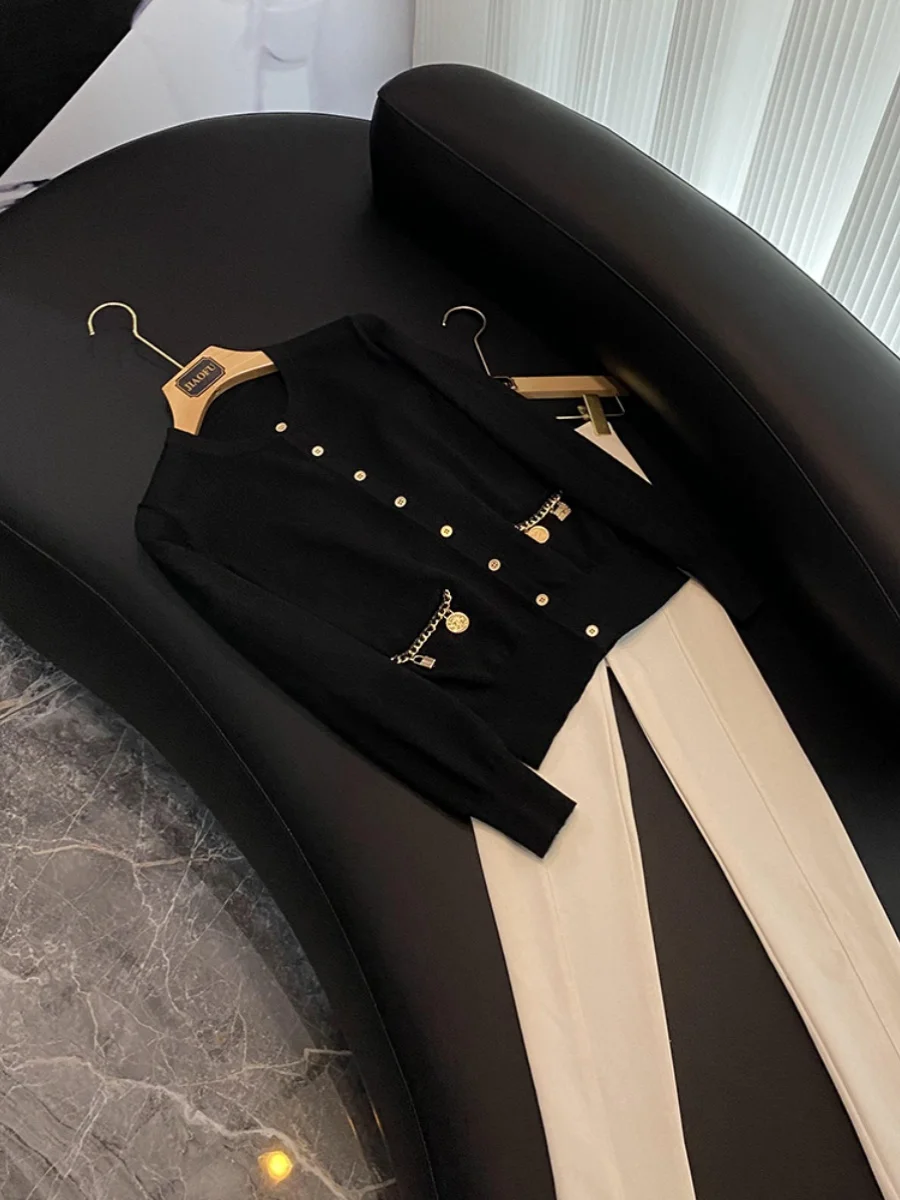 

Ele Knitted Long Sve round Ne Sweater Chain Pendant Mixed Fiber Outerwear Top Classy ort Length Cardigan