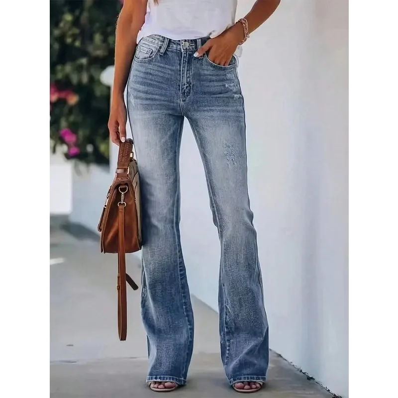 

Новые популярные элегантные однотонные джинсы для девочек с высокой талией, брюки-колокольчики, джинсовые брюки