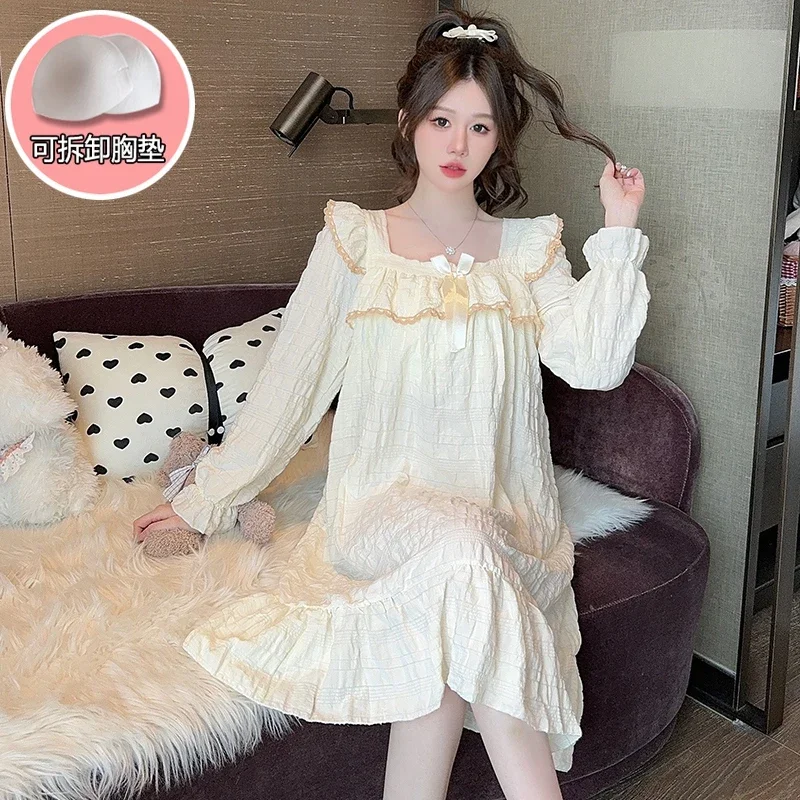 

2025 Autumn Long Sleeve Cotton Nightgowns for Women Korean Cute Lace Girls Student Sleepwear Night Dress Nightdress Home Nighty