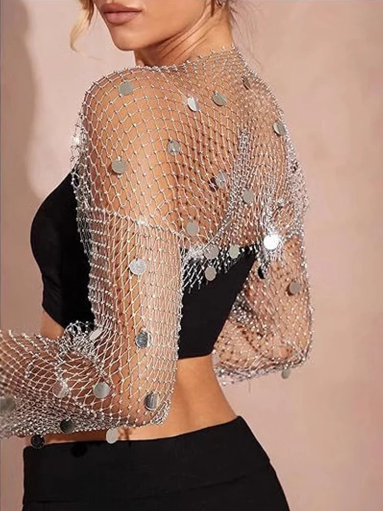 

Trendix Sexy Sheer Crop Tops Women 2026 Summer Beach Party Hollow Out Tops Club Fashion Sequin Shawl Vacation Cover Up Hot Girls