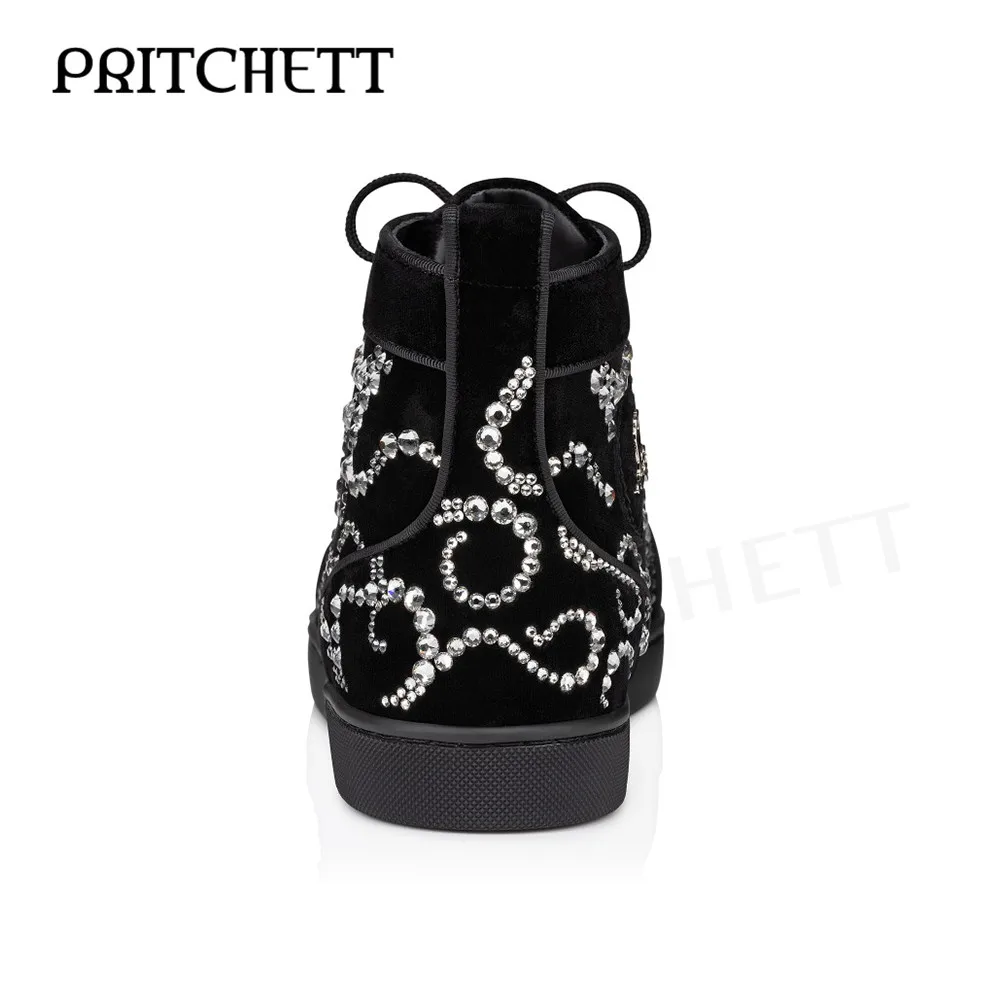 Irregular Rhinestone Line Sneakers Round Toe Lace-Up Casual Shoes Black Suede Fashionable Large Size Comfortable Men's Shoes