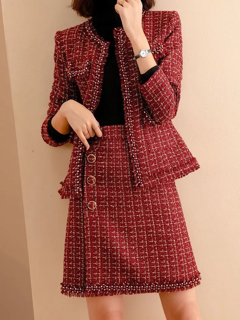 Women Tweed Elegant Red Suit Beaded Jackert Coat Skirt Two Piece Set Matching Outfit Winter Office Work High Quality Clothing