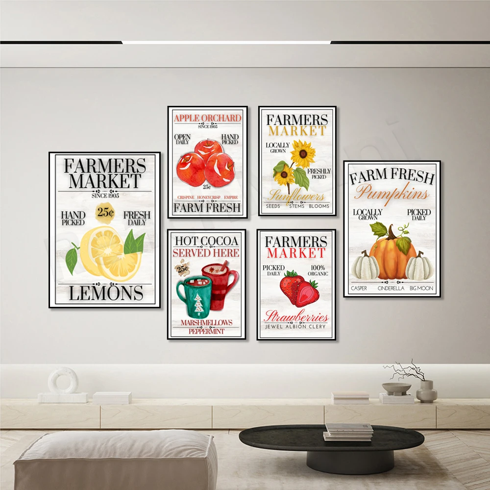 Farmers market poster, lemon, pumpkin, strawberry, farm fresh christmas tree, christmas poster, hot cocoa art, sunflower poster,