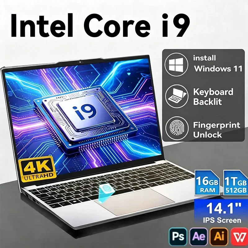 Windows 11 Pro 14.1" Ultra Slim Laptop intel Core i9-10980HK 16GB RAM 1/2TB SSD Fingerprint Unlock Office game Backlight Laptop