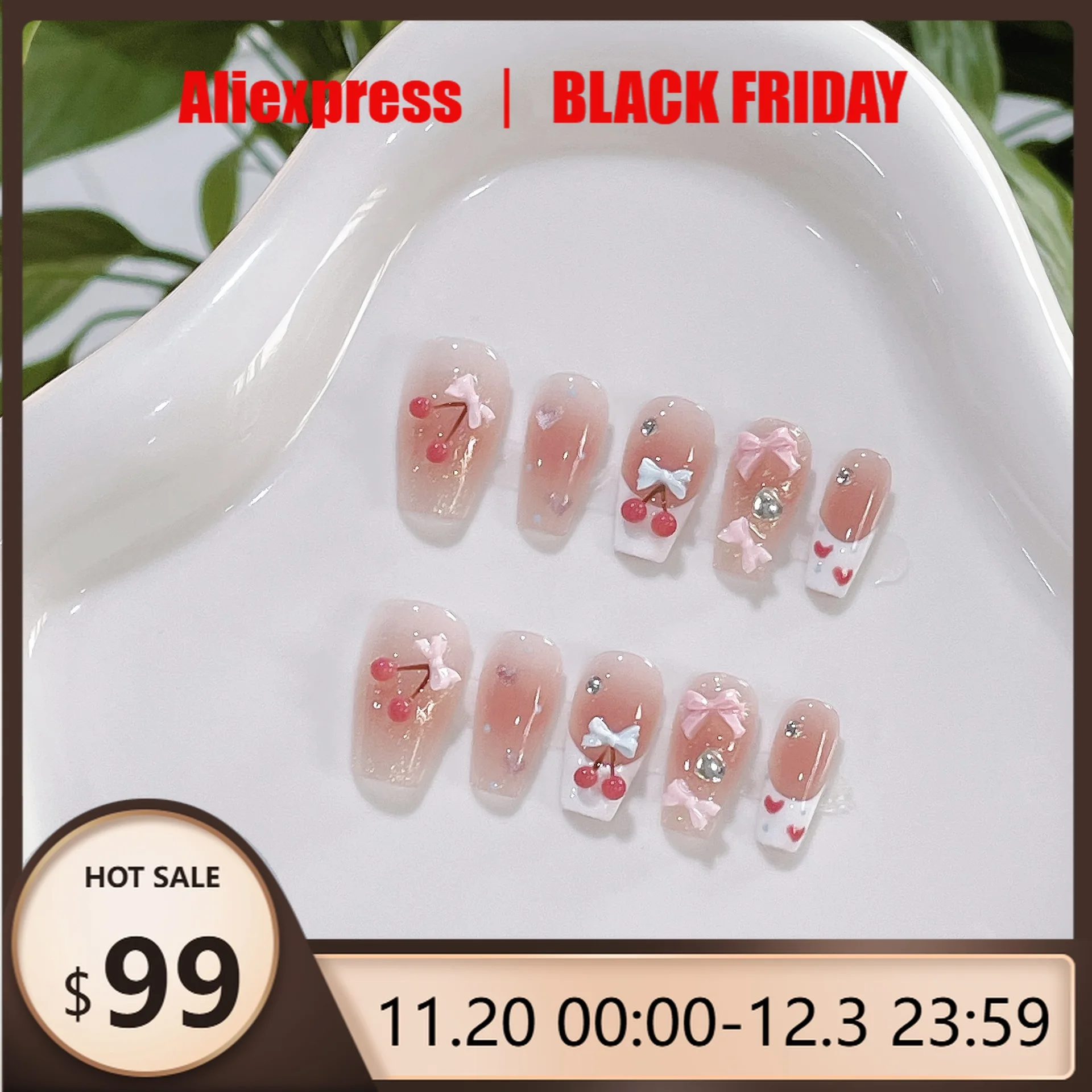 

10pcs Handmade Press on Nails Bow knot Heart-shaped French Cherry Glitter Fake Nail for Women&Girl Removable Wearable Nail Art